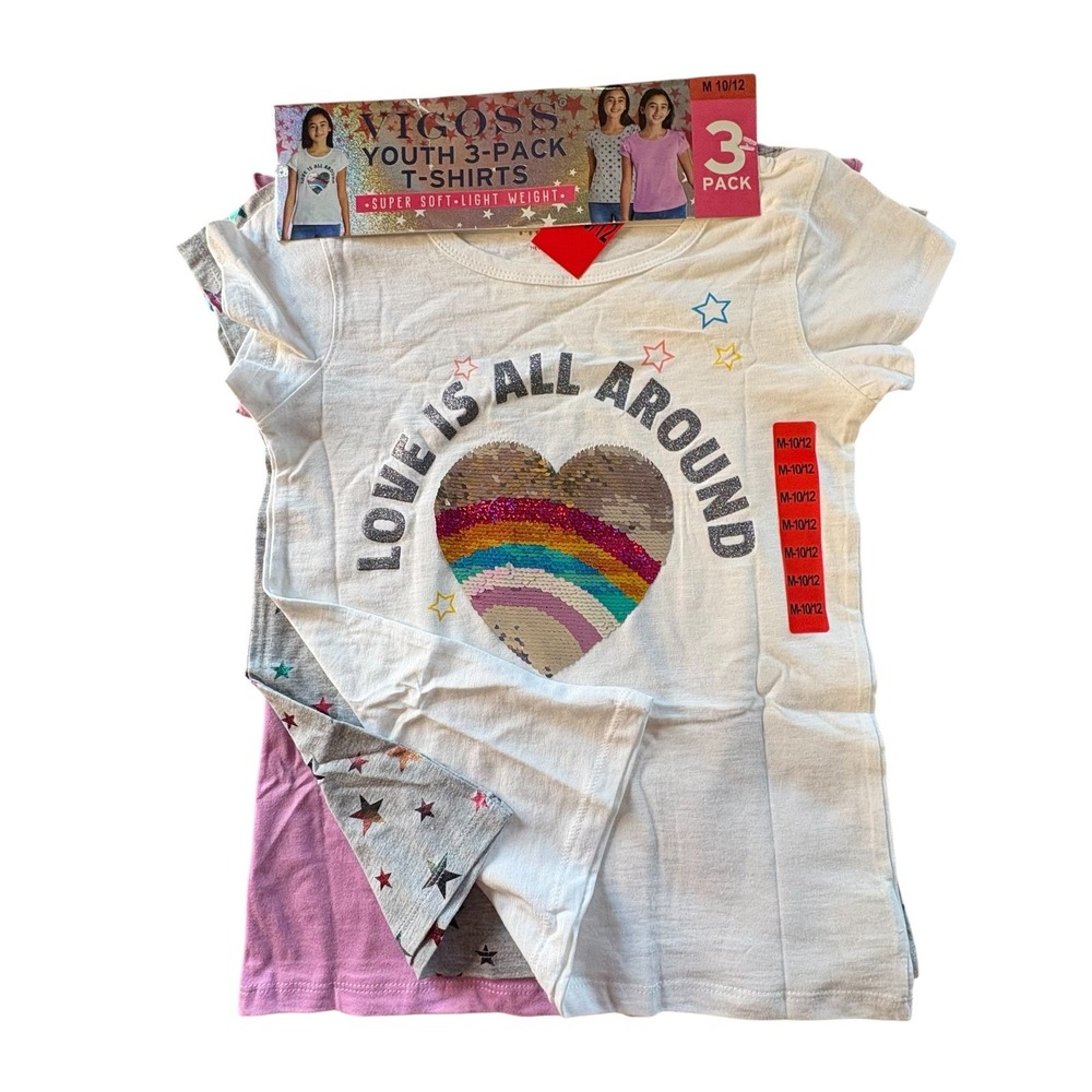 Vigoss Youth T-Shirts Girls M 10/12 NEW 3-Pack Sequin Star Ruffle 100% Cottonn